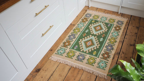 Green Cream Turkish Kilim Area Rug / Turkish Rug / Ikat Rug / Aztec Rug / Boho Rug / Reversible Rug / Kilm Rug / Washable Rug /diamond