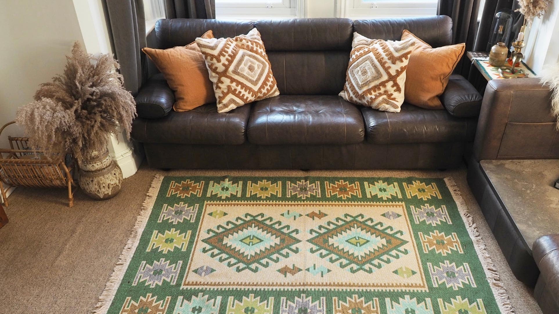 Green Cream Turkish Kilim Area Rug / Turkish Rug / Ikat Rug / Aztec Rug / Boho Rug / Reversible Rug / Kilm Rug / Washable Rug /diamond