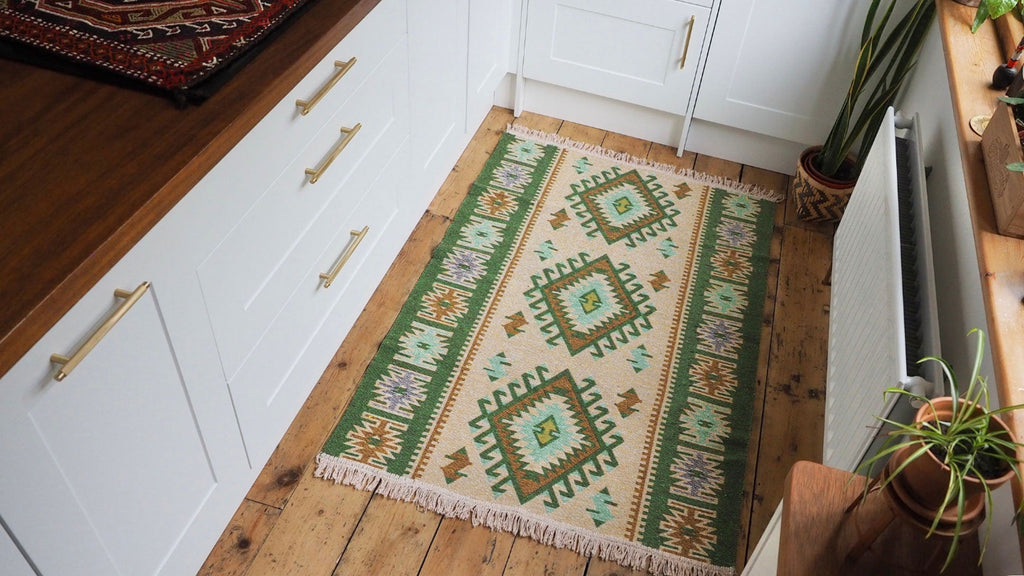 Green Cream Turkish Kilim Area Rug / Turkish Rug / Ikat Rug / Aztec Rug / Boho Rug / Reversible Rug / Kilm Rug / Washable Rug /diamond