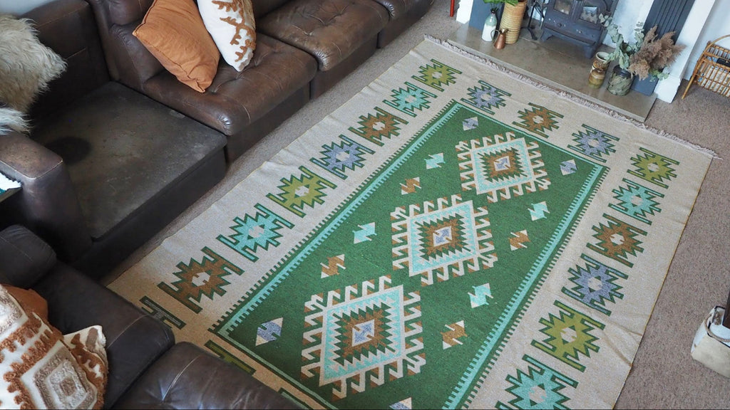 Green Cream Turkish Kilim Area Rug / Turkish Rug / Ikat Rug / Aztec Rug / Boho Rug / Reversible Rug / Kilm Rug / Washable Rug /diamond
