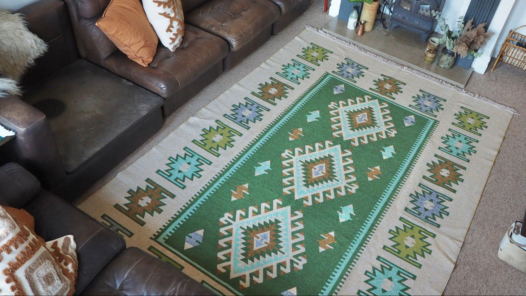 Green Cream Turkish Kilim Area Rug / Turkish Rug / Ikat Rug / Aztec Rug / Boho Rug / Reversible Rug / Kilm Rug / Washable Rug /diamond