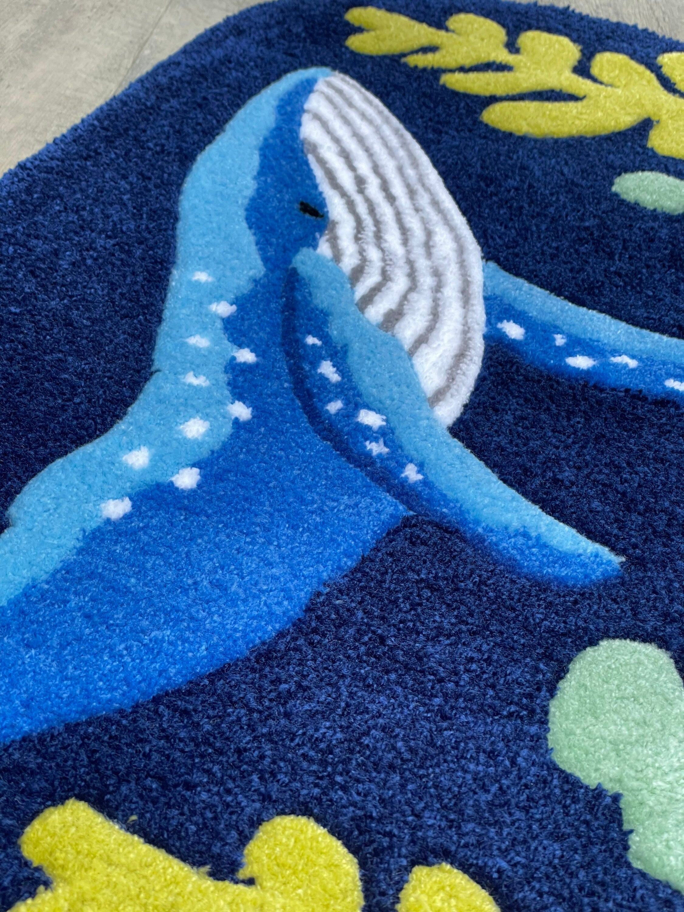 Handmade Whale Rug: Tufted Acrylic Yarn, Nautical Nursery Decor (31x15 Inches)