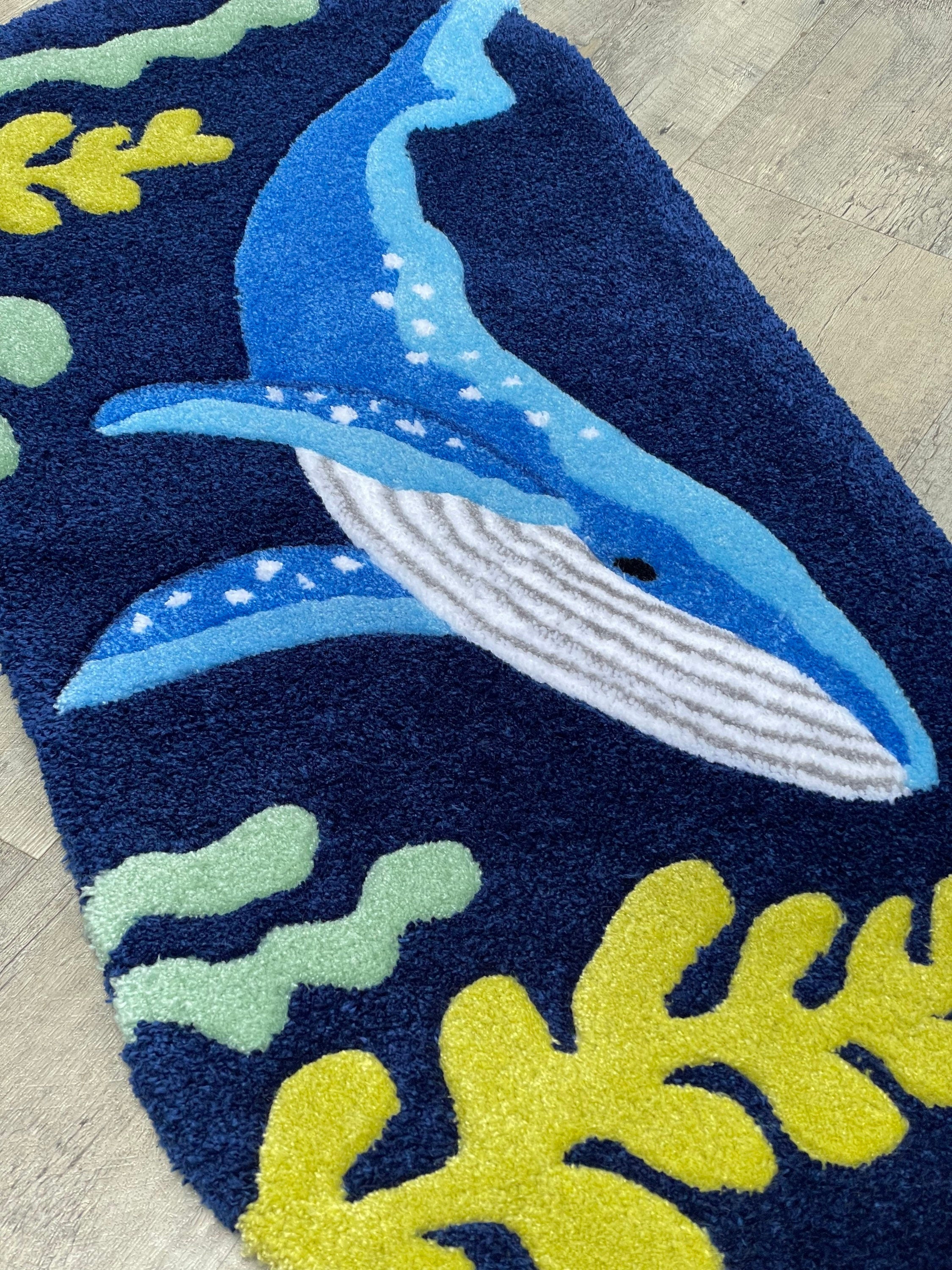 Handmade Whale Rug: Tufted Acrylic Yarn, Nautical Nursery Decor (31x15 Inches)