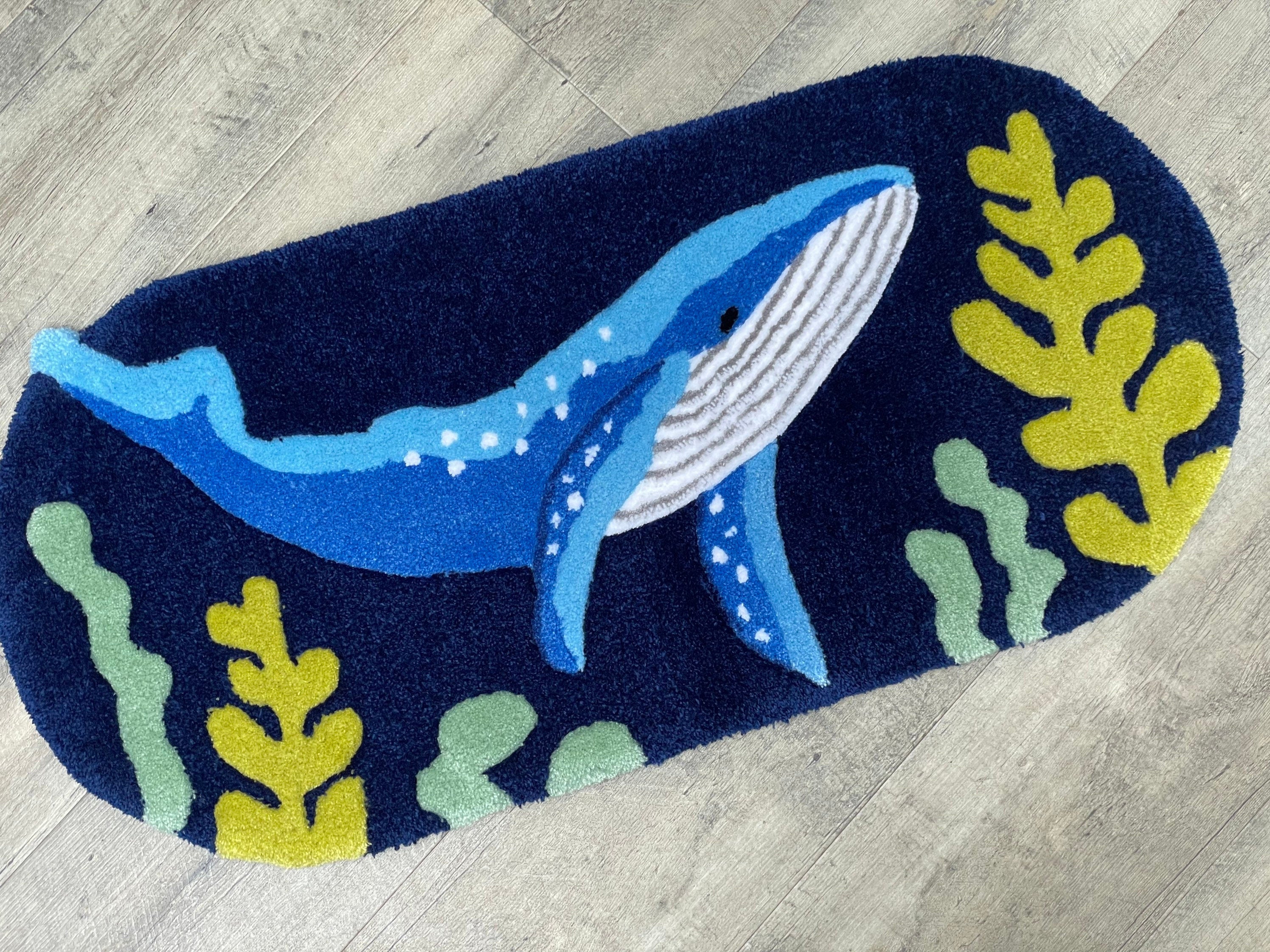 Handmade Whale Rug: Tufted Acrylic Yarn, Nautical Nursery Decor (31x15 Inches)