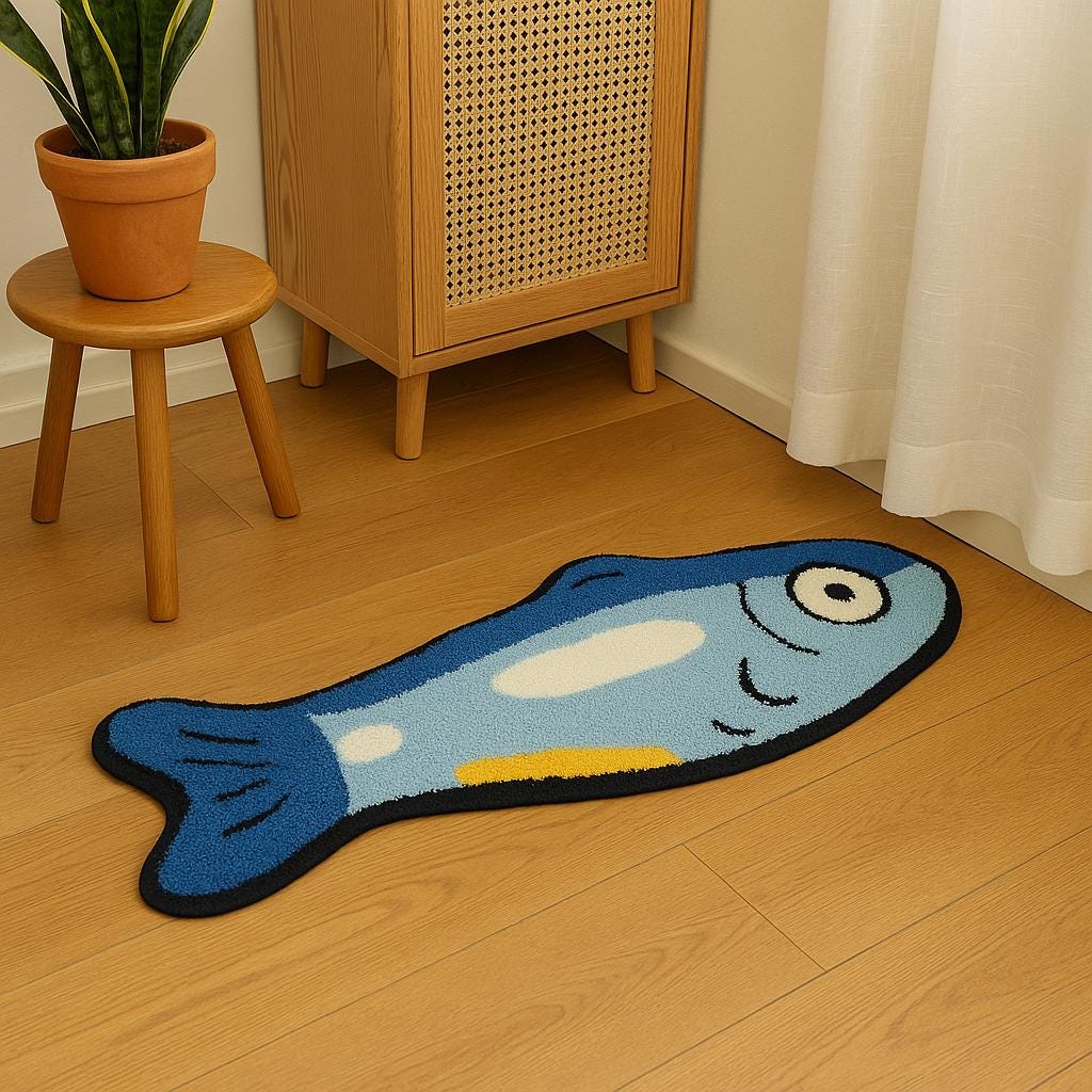 Blue Fish Shaped Rug: Tufted Playful Floor Mat, 120x40cm