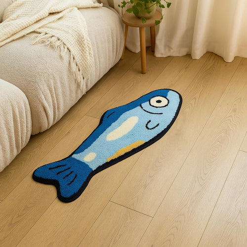 Blue Fish Shaped Rug: Tufted Playful Floor Mat, 120x40cm