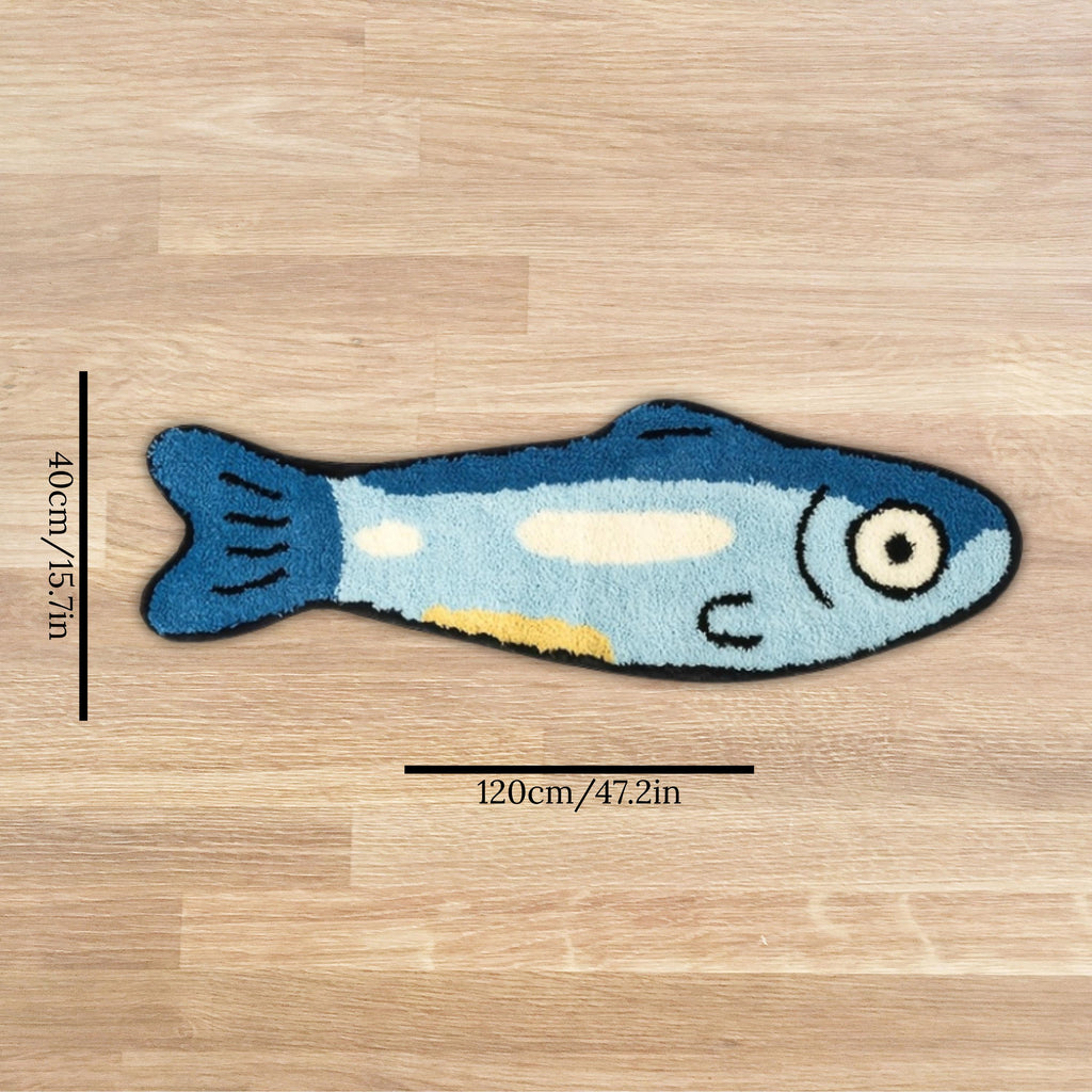 Blue Fish Shaped Rug: Tufted Playful Floor Mat, 120x40cm