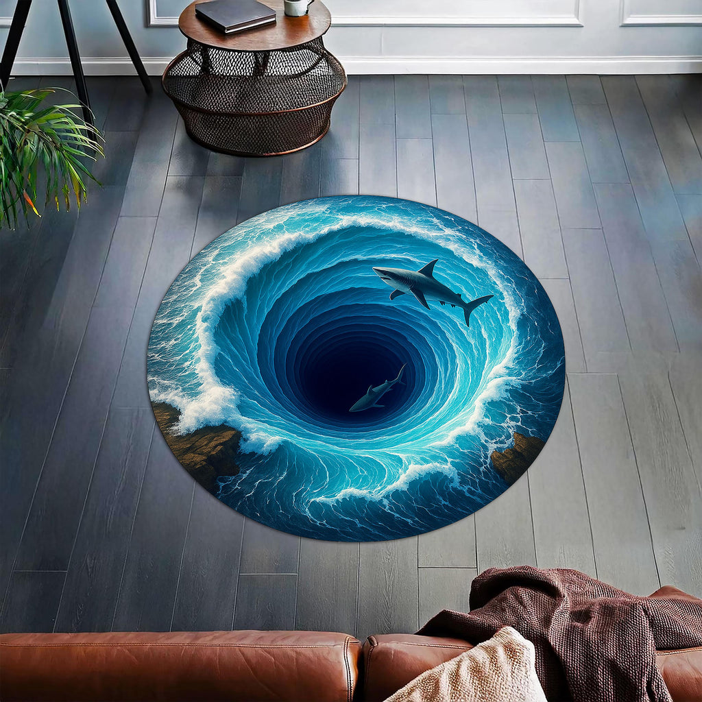 Round Shark Rug Illusion | 3d Ocean Whirlpool Carpet With Sharks | Nautical Sea Life Area Rug For Living Room & Bedroom Decor