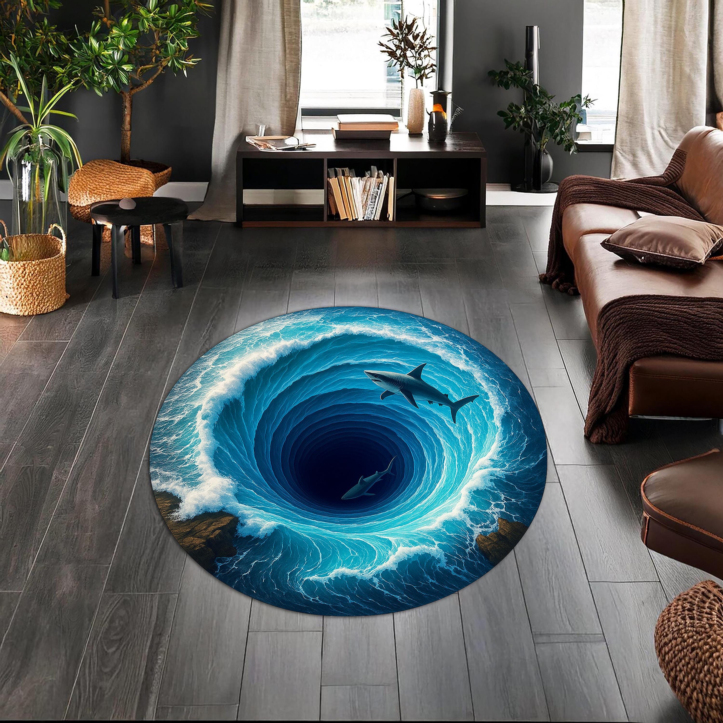 Round Shark Rug Illusion | 3d Ocean Whirlpool Carpet With Sharks | Nautical Sea Life Area Rug For Living Room & Bedroom Decor