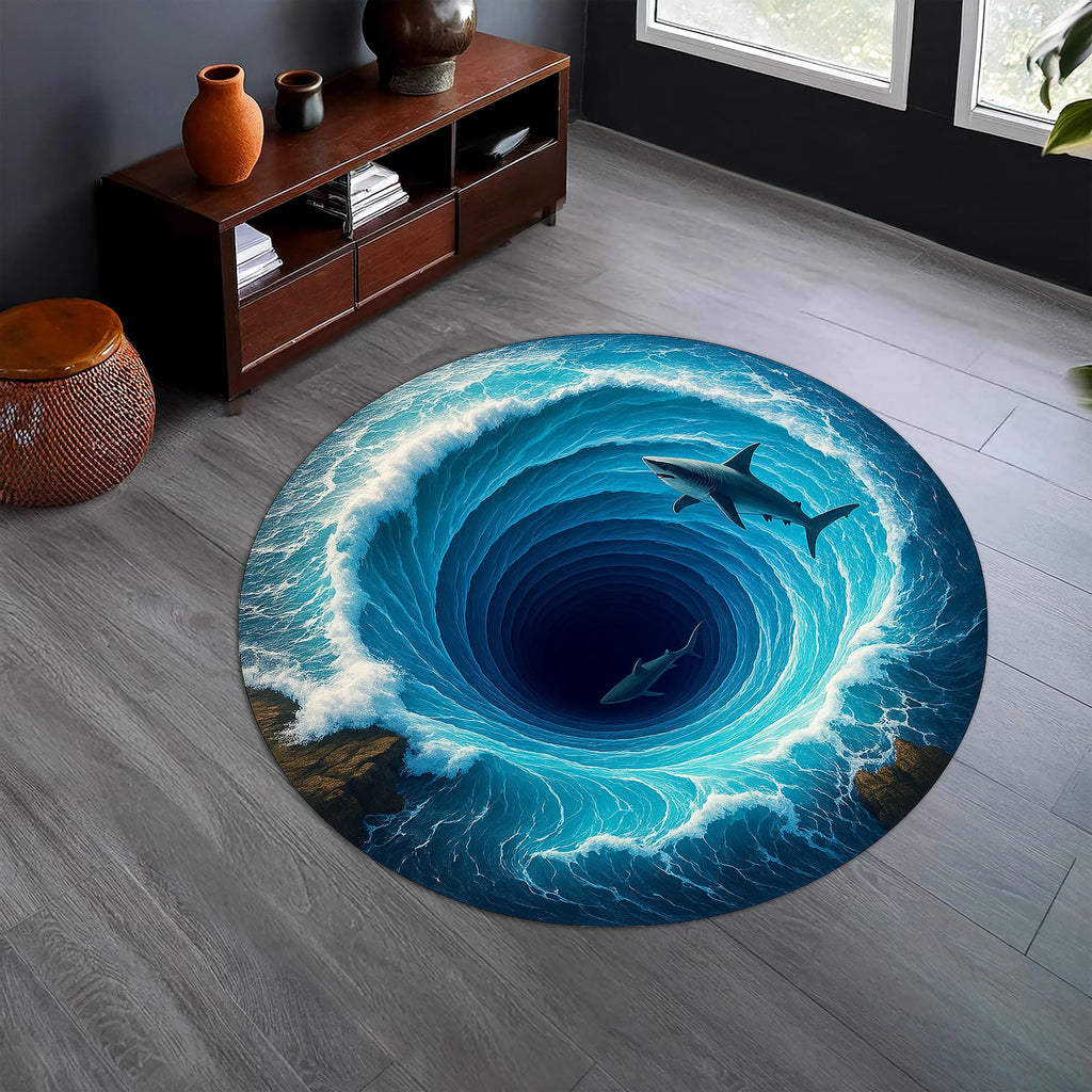 Round Shark Rug Illusion | 3d Ocean Whirlpool Carpet With Sharks | Nautical Sea Life Area Rug For Living Room & Bedroom Decor