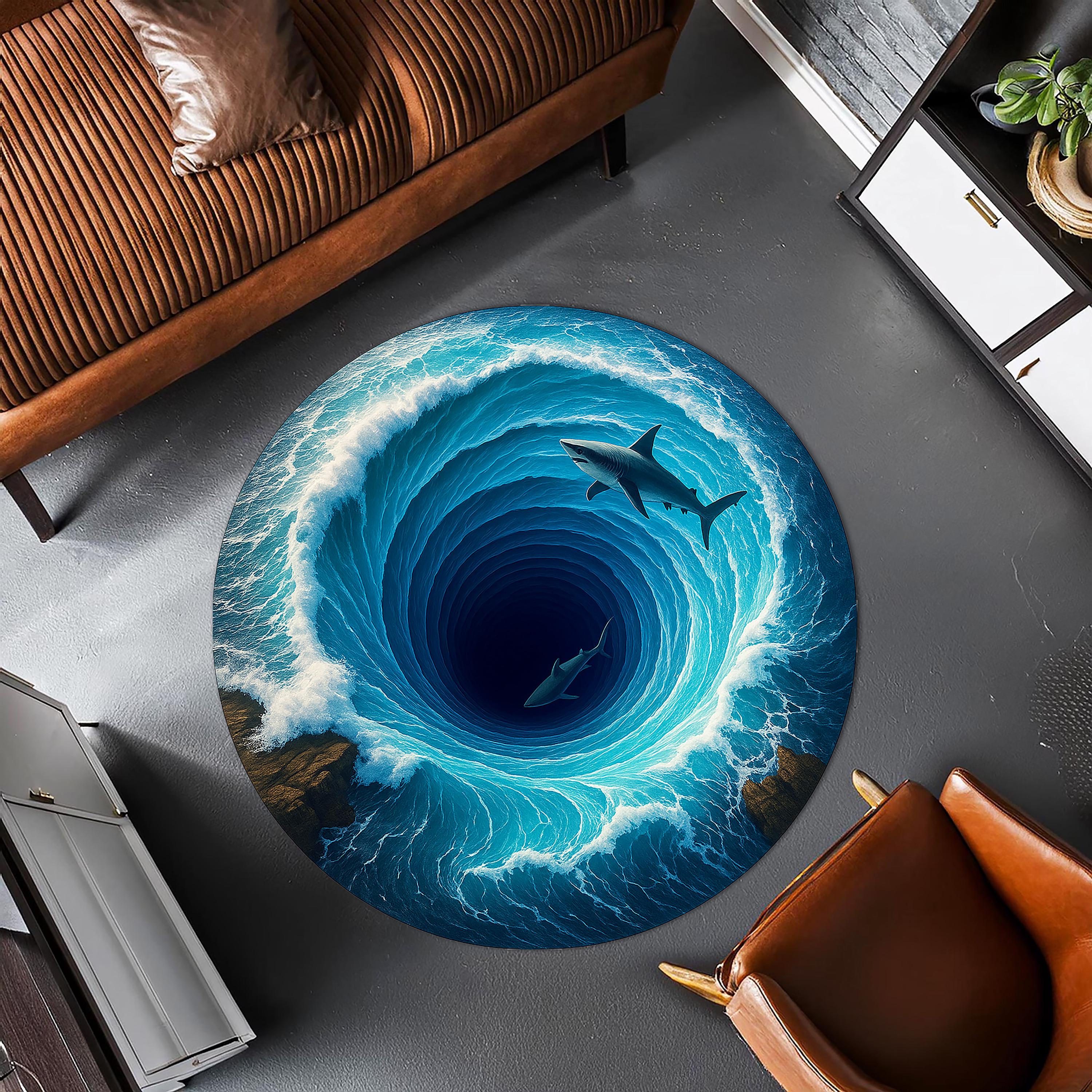 Round Shark Rug Illusion | 3d Ocean Whirlpool Carpet With Sharks | Nautical Sea Life Area Rug For Living Room & Bedroom Decor
