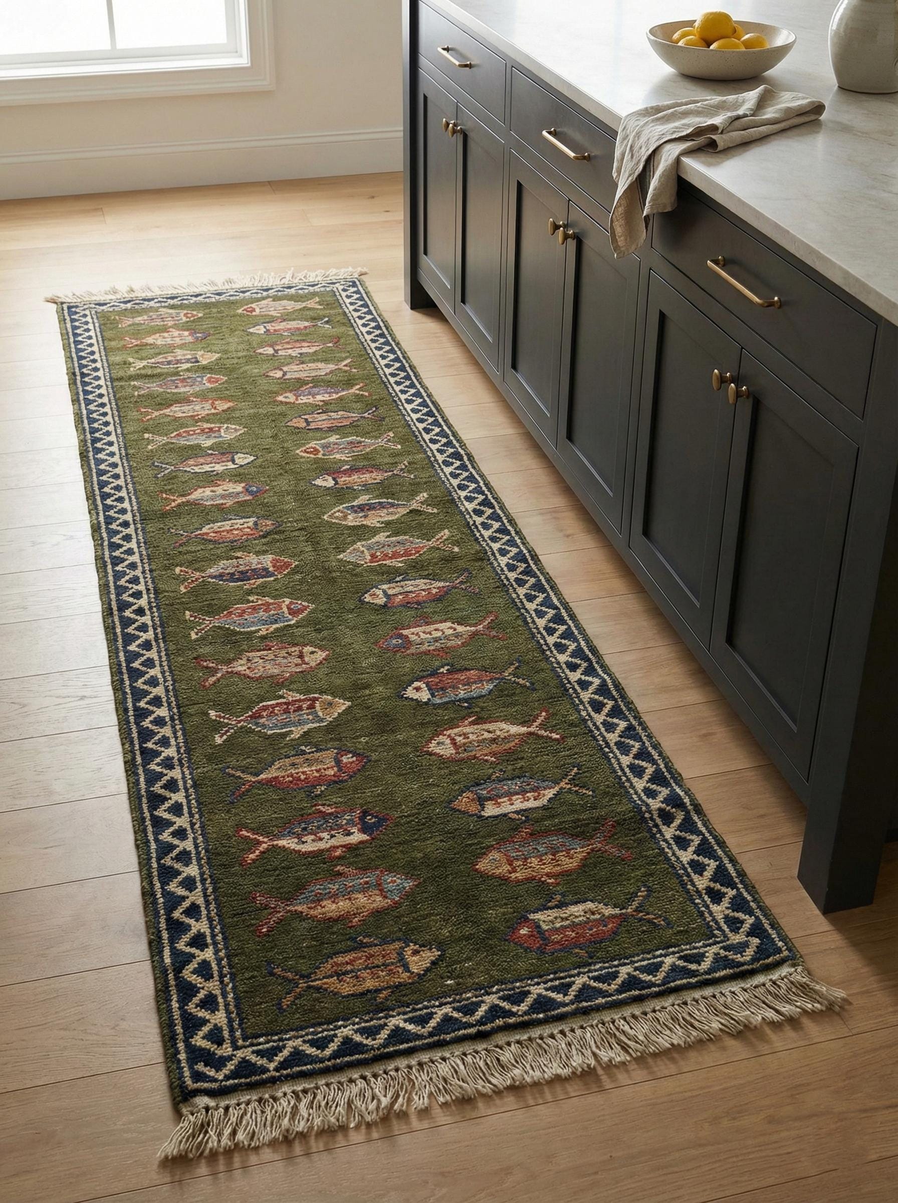 Fish Pattern Kitchen Runner Hand Knotted Wool Tribal Rug For Narrow Spaces