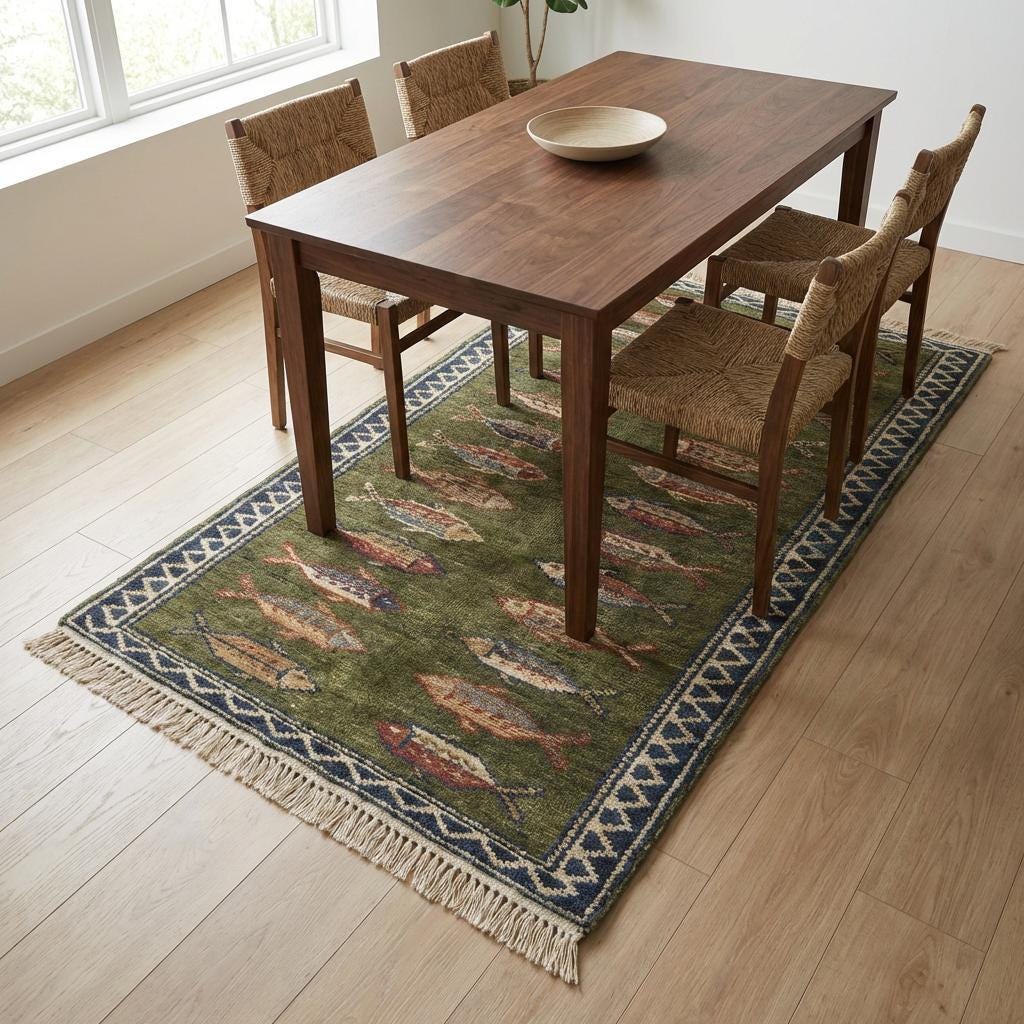 Fish Pattern Kitchen Runner Hand Knotted Wool Tribal Rug For Narrow Spaces