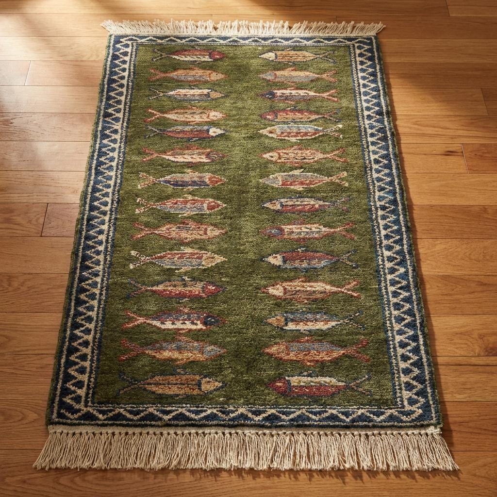 Fish Pattern Kitchen Runner Hand Knotted Wool Tribal Rug For Narrow Spaces