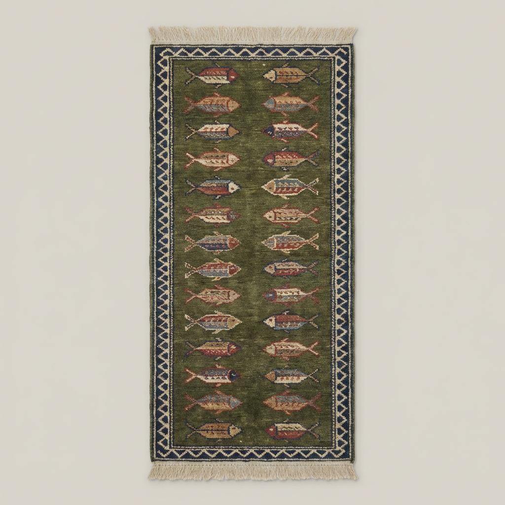 Fish Pattern Kitchen Runner Hand Knotted Wool Tribal Rug For Narrow Spaces