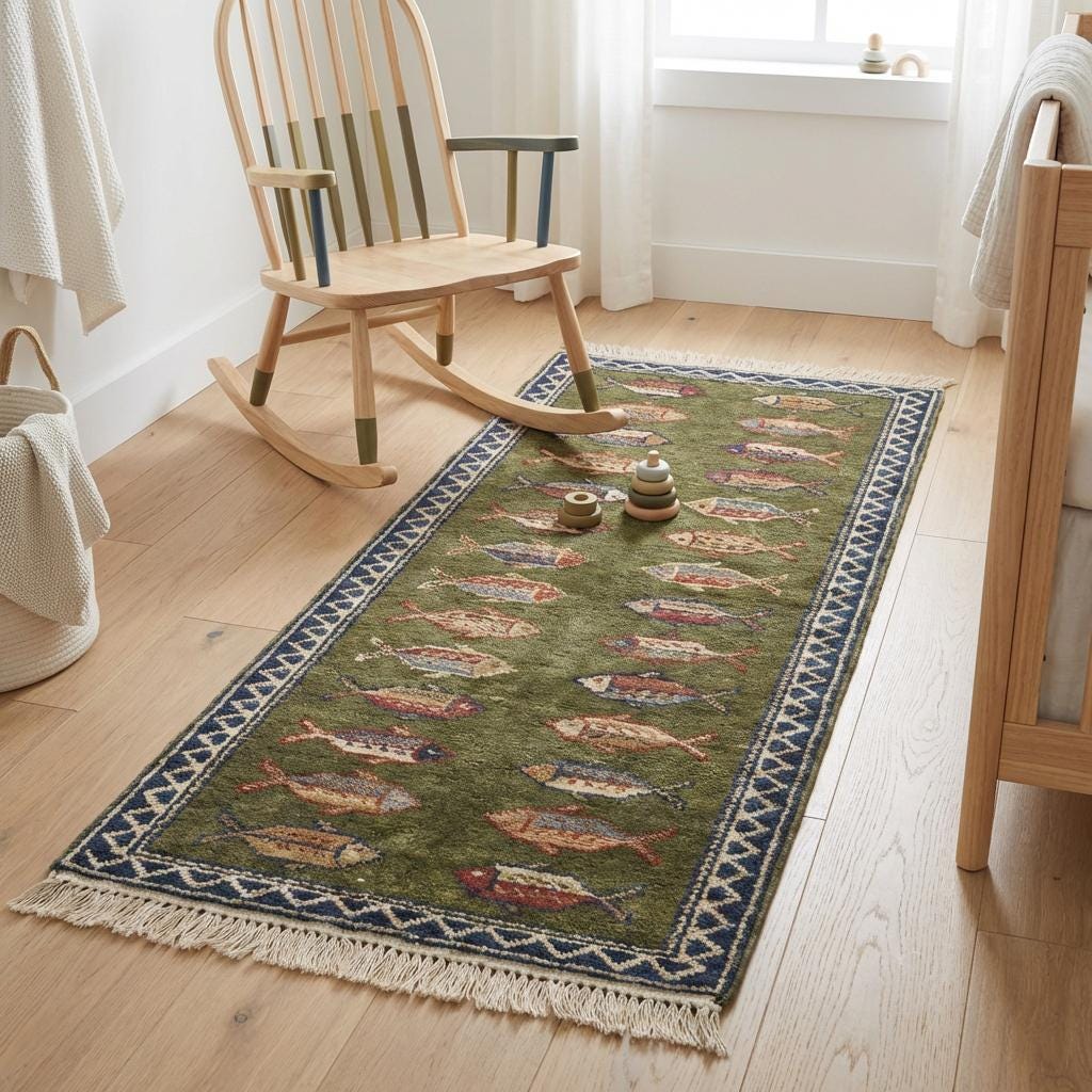 Fish Pattern Kitchen Runner Hand Knotted Wool Tribal Rug For Narrow Spaces
