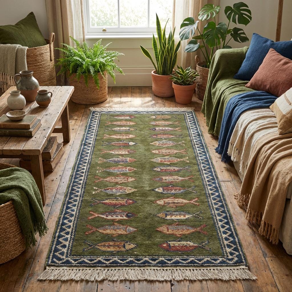 Fish Pattern Kitchen Runner Hand Knotted Wool Tribal Rug For Narrow Spaces