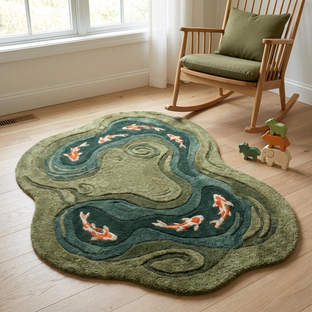 Koi Fish Pond Hand Tufted Rug, Irregular Wool Area Carpet