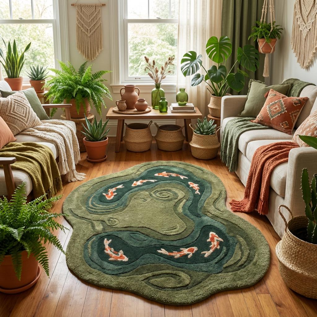 Koi Fish Pond Hand Tufted Rug, Irregular Wool Area Carpet