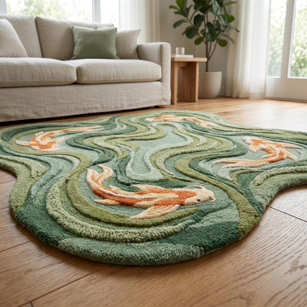 Hand Tufted Koi Fish Rug, Sculpted Wool Art Rug For Modern Living Room