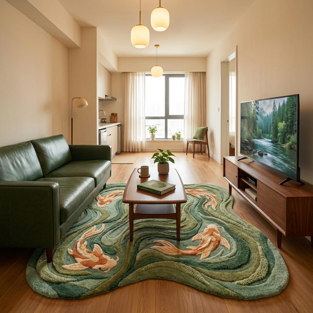 Hand Tufted Koi Fish Rug, Sculpted Wool Art Rug For Modern Living Room