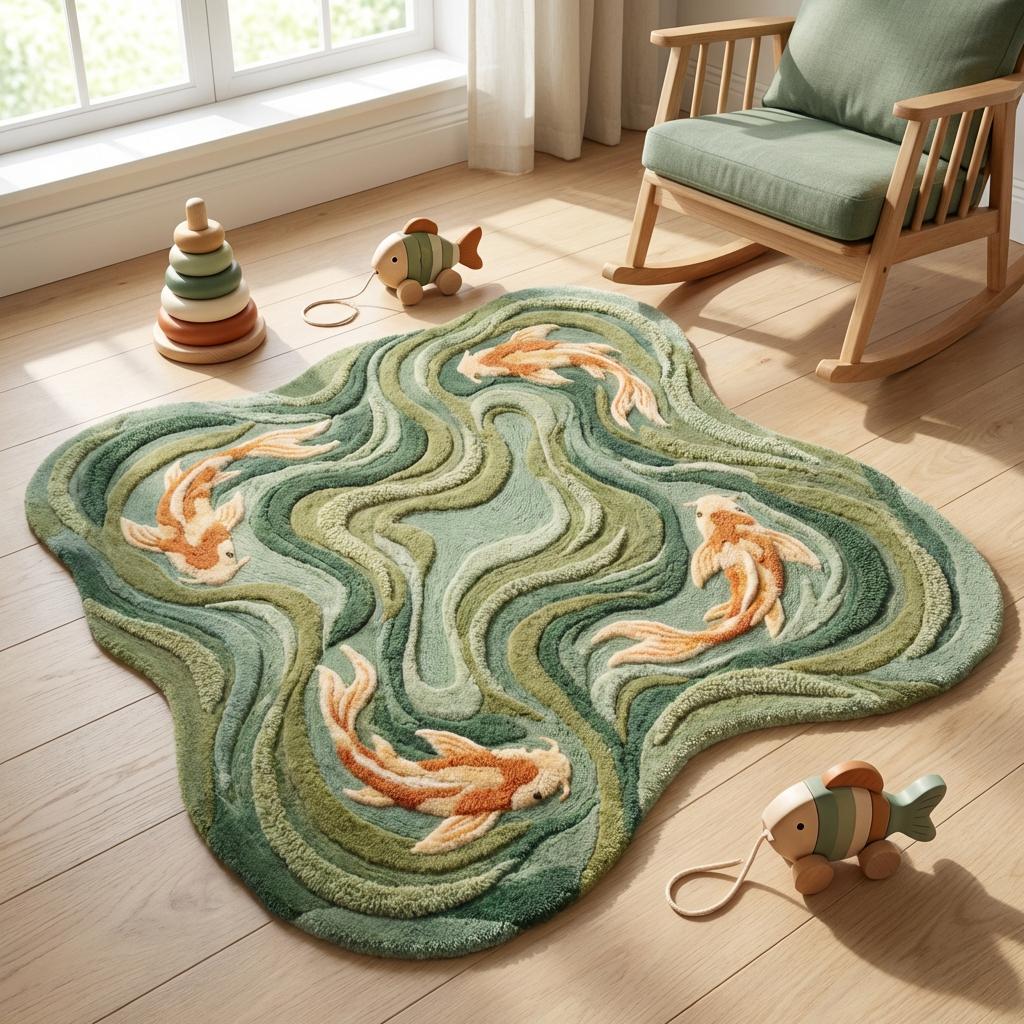 Hand Tufted Koi Fish Rug, Sculpted Wool Art Rug For Modern Living Room