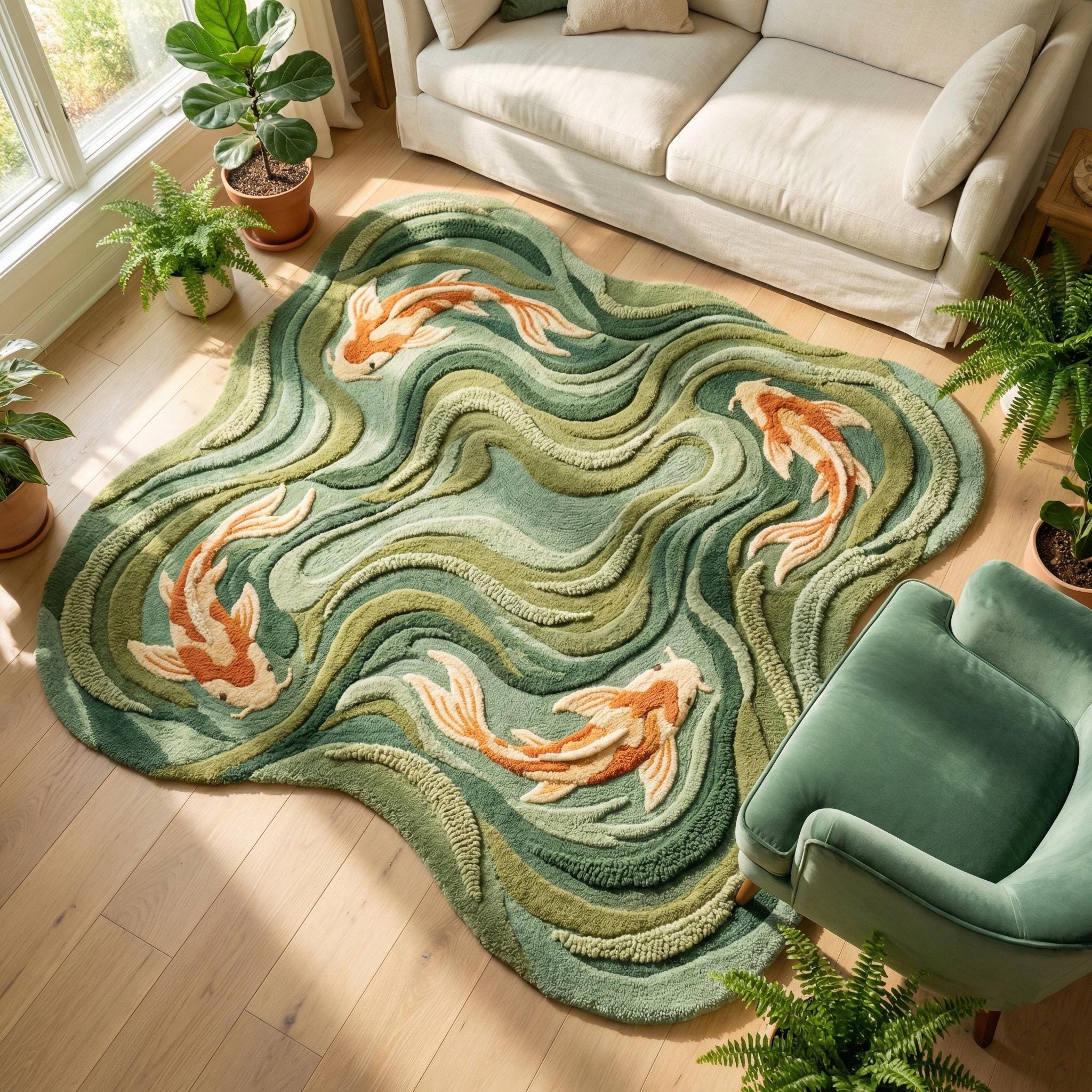 Hand Tufted Koi Fish Rug, Sculpted Wool Art Rug For Modern Living Room