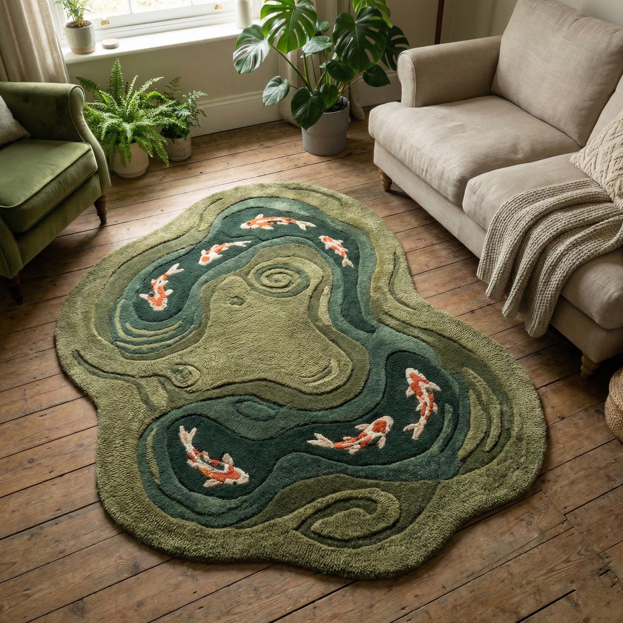 Koi Fish Pond Hand Tufted Rug, Irregular Wool Area Carpet