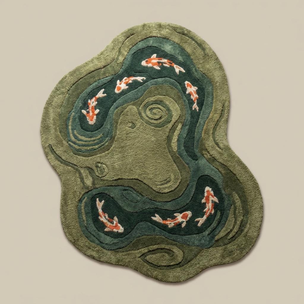 Koi Fish Pond Hand Tufted Rug, Irregular Wool Area Carpet