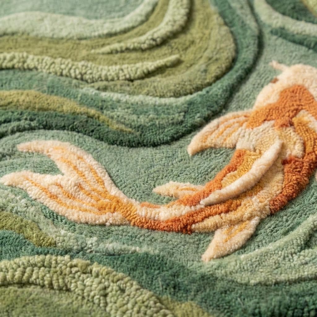 Hand Tufted Koi Fish Rug, Sculpted Wool Art Rug For Modern Living Room
