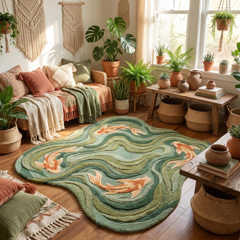 Hand Tufted Koi Fish Rug, Sculpted Wool Art Rug For Modern Living Room