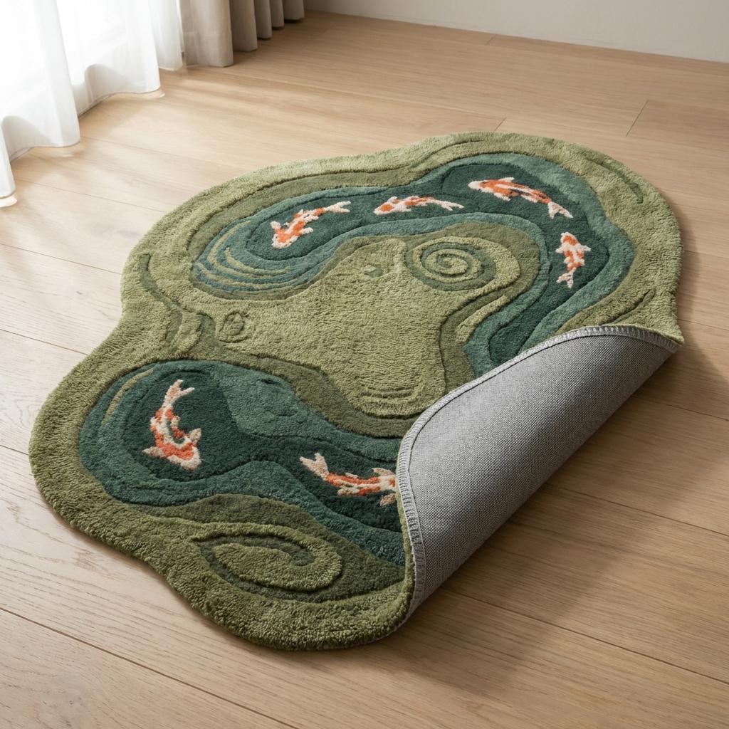 Koi Fish Pond Hand Tufted Rug, Irregular Wool Area Carpet