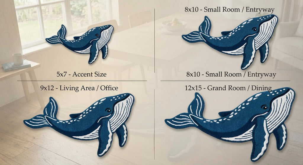 Handmade Blue Whale Shaped Tufted Rug, Ocean Animal Carpet, Kids Room Decor