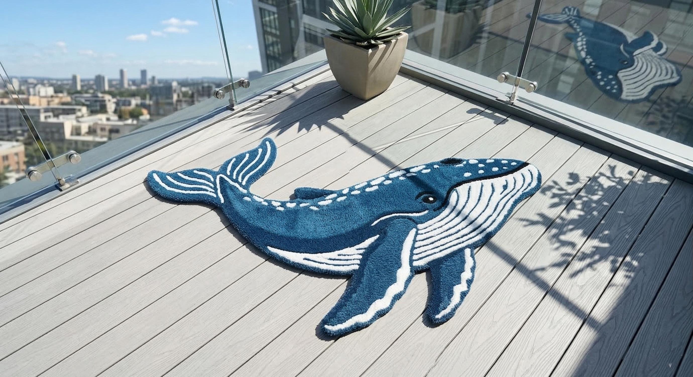 Handmade Blue Whale Shaped Tufted Rug, Ocean Animal Carpet, Kids Room Decor