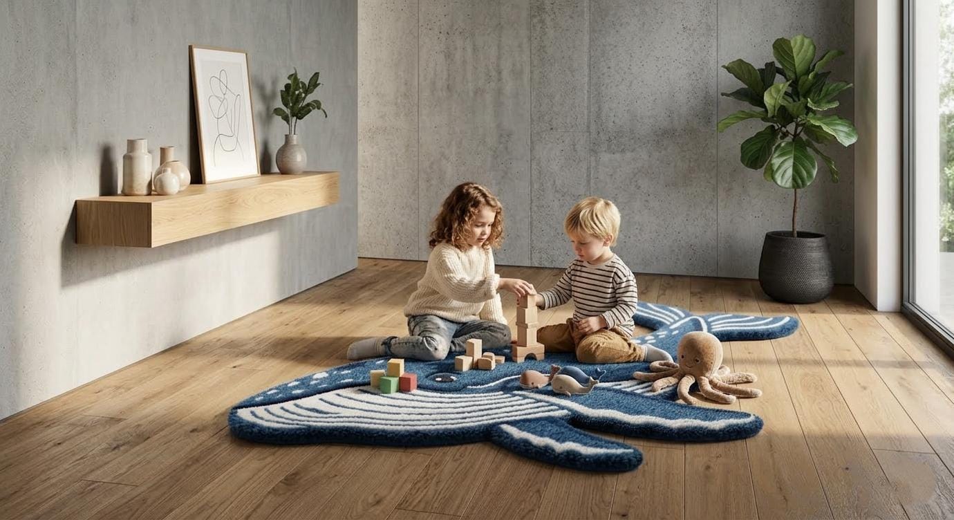 Handmade Blue Whale Shaped Tufted Rug, Ocean Animal Carpet, Kids Room Decor