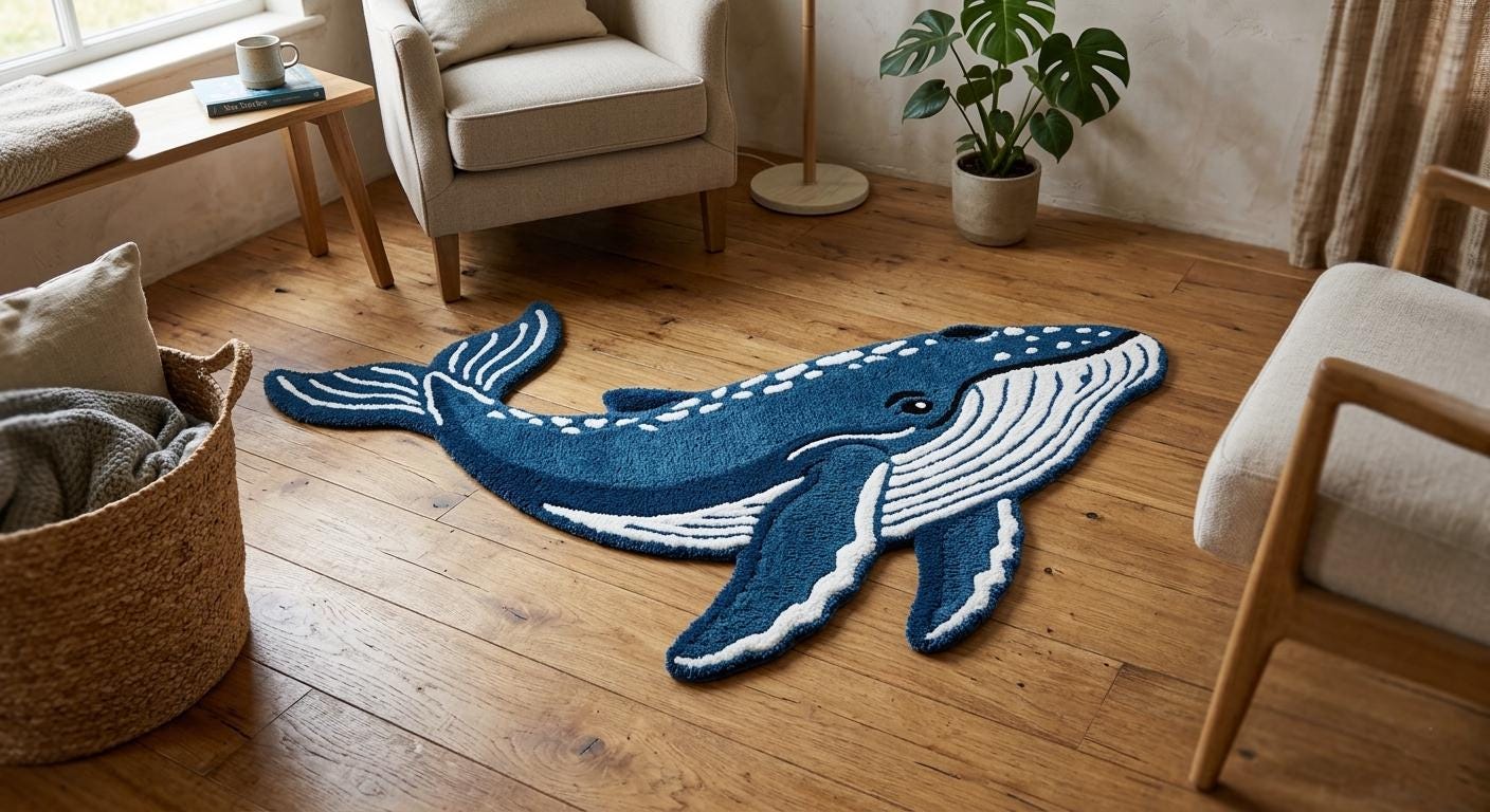Handmade Blue Whale Shaped Tufted Rug, Ocean Animal Carpet, Kids Room Decor